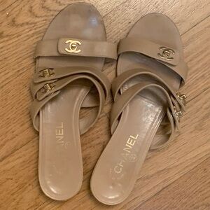Chanel Women's Taupe Leather Slide Sandals with Gold CC Logos